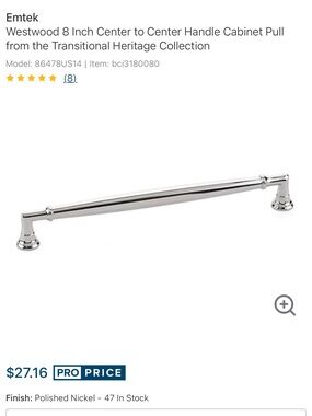 NEW 8” EMTEK Westwood cabinet pulls. Polished nickel. Quan. 3